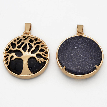 Підвіска мет. Дерево з кабош. із синт. каменю Авантюрин синій, Золото, 31х28х8 мм (POD-054365)