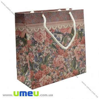 Подарунковий пакет з крафт паперу, 16х16х7 см, Квіти (UPK-019044)