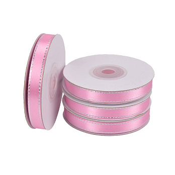 Атласна стрічка з люрексом, 10 мм, Рожева зі сріблом (LEN-061073)