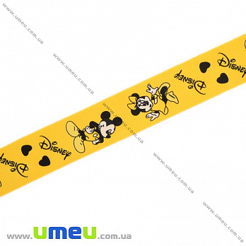 Репсовая лента с рисунком Микки Маус, 25 мм, Желтая, 1 м (LEN-016896)