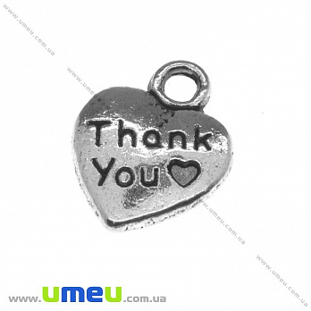 [Архів] Підвіска металева Серце «Thank you», Античне срібло, 13х10 мм (POD-003453)
