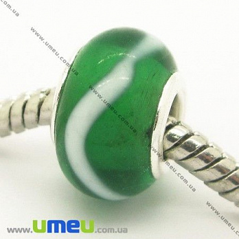 [Архів] Намистина PANDORA Lampwork, 14х9 мм, Зелена, Срібло (BUS-006923)