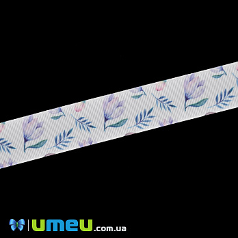 Репсова стрічка з малюнком Магнолія, 25 мм, Біла (LEN-040269)