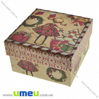 Подарочная коробочка Квадратная новогодняя, 9х9х5,5 см, Бежевая, 1 шт (UPK-023089)