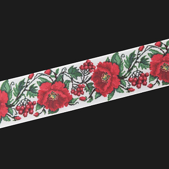 Репсова стрічка з малюнком Маки та калина, 40 мм, Біла (LEN-061756)