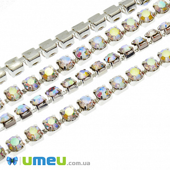 Стразовий ланцюг SS12 (2,8 мм), Світле срібло, Стрази скляні білі АВ (ZEP-047565)