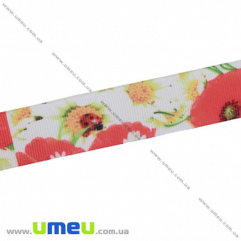 Репсовая лента с рисунком Цветы, 25 мм, Розовая, 1 м (LEN-025656)