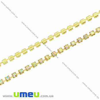 Стразовая цепь SS6 (2,0 мм), Золото, Стразы стеклянные белые АВ, 1 м (ZEP-020481)