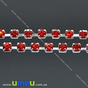Стразовая цепь SS8 (2,4 мм), Светлое серебро, Стразы стеклянные красные, 1 м (ZEP-007764)