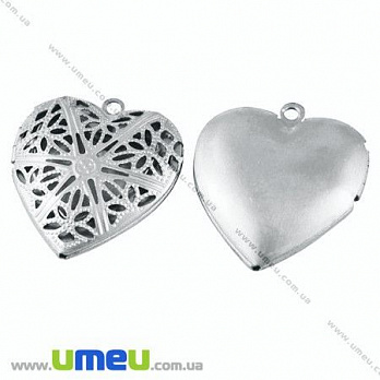 Медальон Сердце ажурное, Светлое серебро, 26х26 мм, 1 шт (POD-020104)