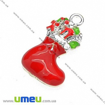 [Архів] Підвіска металева Різдвяний носок червоний, Світле срібло, 22х13 мм (POD-008024)
