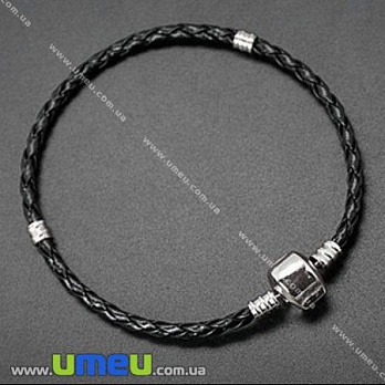 [Архів] Основа для браслета PANDORA зі стопером (кожзам чорний), Світле срібло, 17 cм (OSN-007416)