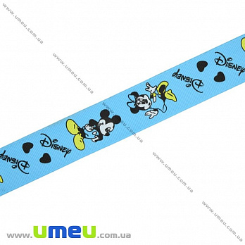 Репсовая лента с рисунком Микки Маус, 25 мм, Голубая, 1 м (LEN-016589)