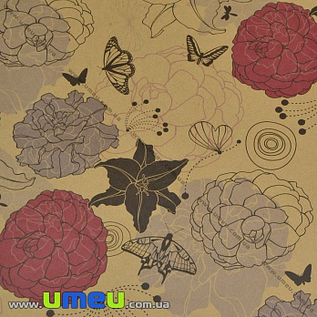 Упаковочная крафт бумага Цветы, Бежевая, 68х100 см, 1 лист (UPK-019259)