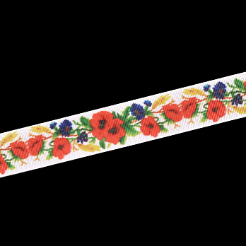 Репсова стрічка з малюнком Маки, 25 мм, Біла (LEN-054893)