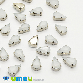 Шатон пластиковий крапля 10х6,5 мм, Темне срібло, Білий опал (KAB-040783)