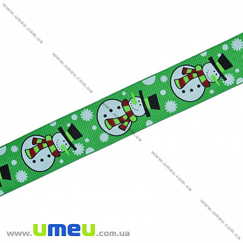Репсовая лента с новогодним рисунком Снеговик, 25 мм, Зеленая, 1 м (LEN-017970)