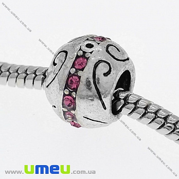 [Архів] Намистина PANDORA мет. зі стразами, 11х8 мм, Рожева, Античне срібло (BUS-004542)