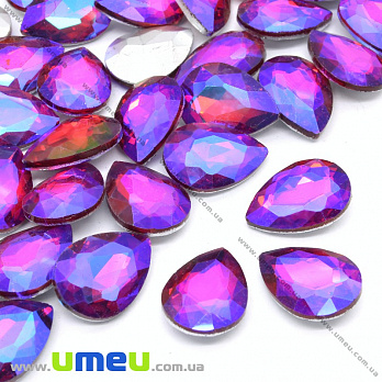 Ріволі скляний, Крапля гранована, Райдужний, 18х13 мм, Малиновий АВ (KAB-033970)