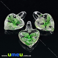 Підвіска скляна Lampwork Серце з квіткою, 30х21 мм, Салатова (POD-019973)