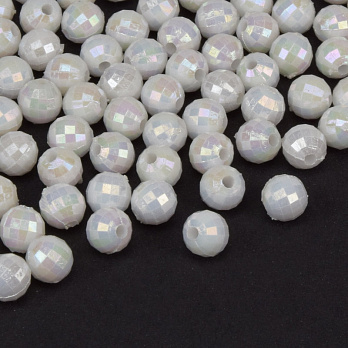 Бусины пластиковые радужные, Круглые граненые, 6 мм, Белые (BUS-059587)