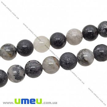[Архив] Бусина натуральный камень Агат черный с кварцем, 10 мм, Круглая, 1 шт (BUS-035335)