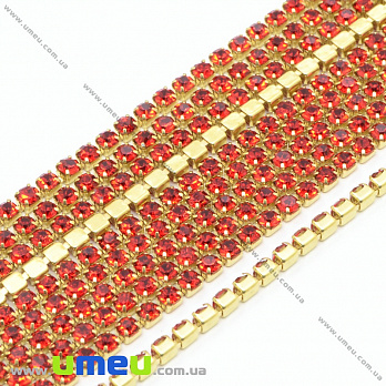 Стразовая цепь SS6 - 2,0 мм, Золото, Стразы стеклянные красные, 1 м (ZEP-036395)