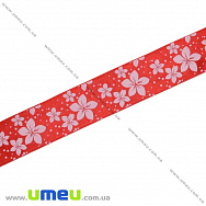 Атласная лента Цветы, 25 мм, Красная, 1 м (LEN-019651)
