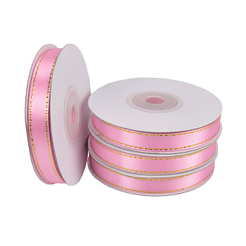 Атласна стрічка з люрексом, 10 мм, Рожева з золотом (LEN-016732)