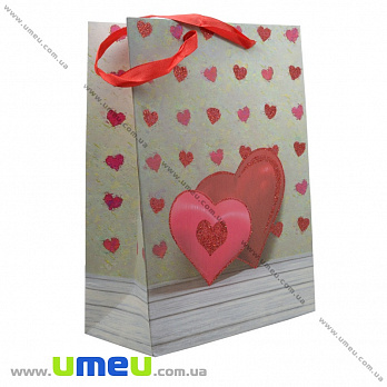Подарочный пакет Сердца, 24х18х9 см, Серый, 1 шт (UPK-023391)
