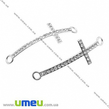 Коннектор металлический Крест со стразами, 45х15 мм, Светлое серебро, 1 шт (KON-008294)