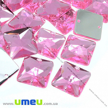 Пришивной кристалл пласт. Квадрат граненый, 14х14 мм, Розовый, 1 шт (KAB-008540)