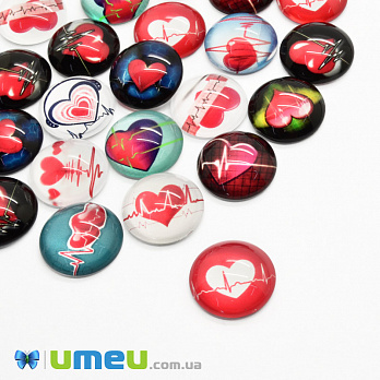 Кабошони скляні з принтом Серце, 18 мм, Круглі, Мікс (KAB-050694)