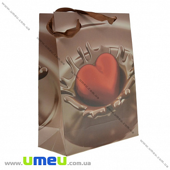 Подарочный пакет Сердца, 24х18х9 см, Коричневый, 1 шт (UPK-023398)