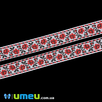 Репсовая лента с рисунком Розы, 10 мм, Красная, 1 м (LEN-039246)