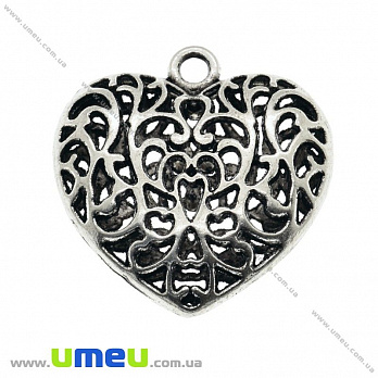 [Архів] Підвіска металева Серце ажурне (двухстор.), Античне срібло, 35х34 мм (POD-022834)