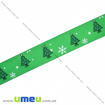 Репсовая лента с новогодним рисунком Ёлочки, 25 мм, Зеленая, 1 м (LEN-017969)
