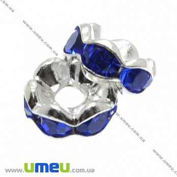 Разделитель 6 мм, Серебро, Стразы стеклянные синие, 1 шт (OBN-007582)