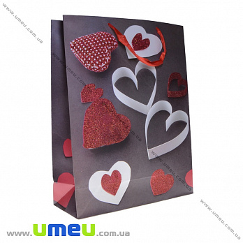 Подарочный пакет Сердца, 40х31х12 см, Черный, 1 шт (UPK-035676)