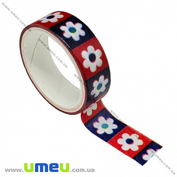 Декоративный скотч бумажный, Цветы, 15 мм, Красно-синий, 1 катушка (3 м) (DIF-018160)