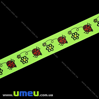Репсова стрічка з малюнком Божа корівка, 25 мм, Салатова (LEN-016581)