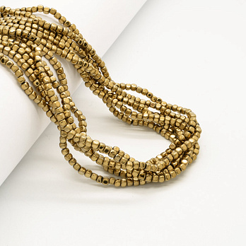 Намистини Гематит, Натур. камінь, Кубик, 3х3х3 мм, З покриттям, Золотисті (BUS-053992)