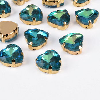 Шатон Серце 12х12 мм, Золото, Синьо-зелений (KAB-053040)