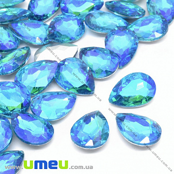 Ріволі скляний, Крапля гранована, Райдужний, 18х13 мм, Блакитний АВ (KAB-033969)