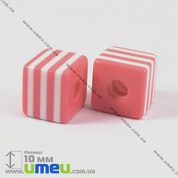 [Архив] Бусина пластиковая Куб Полосатая, 10х10 мм, Розовая, 1 шт (BUS-002971)