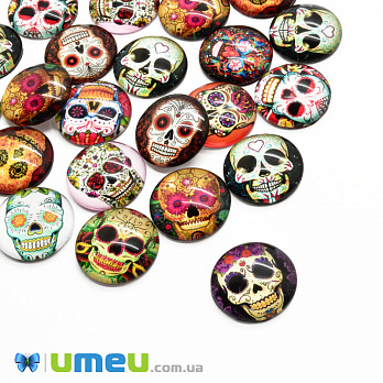 Кабошони скляні з принтом Череп, 18 мм, Круглі, Мікс (KAB-050692)