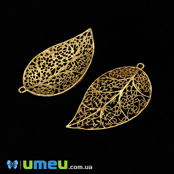 [Архів] Підвіска металева Листок ажурний, Золото, 56х31 мм (POD-045035)