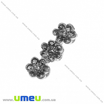 Разделитель металлический на 3 отверстия Цветы, Темное серебро, 13х5 мм, 1 шт (KON-013492)