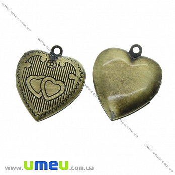 Медальон Сердце, Античная бронза, 23х20 мм, 1 шт (POD-020111)