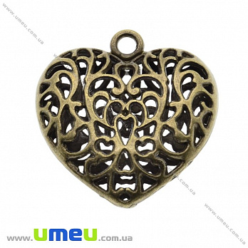 [Архів] Підвіска металева Серце ажурне (двухстор.), Антична бронза, 35х34 мм (POD-022833)